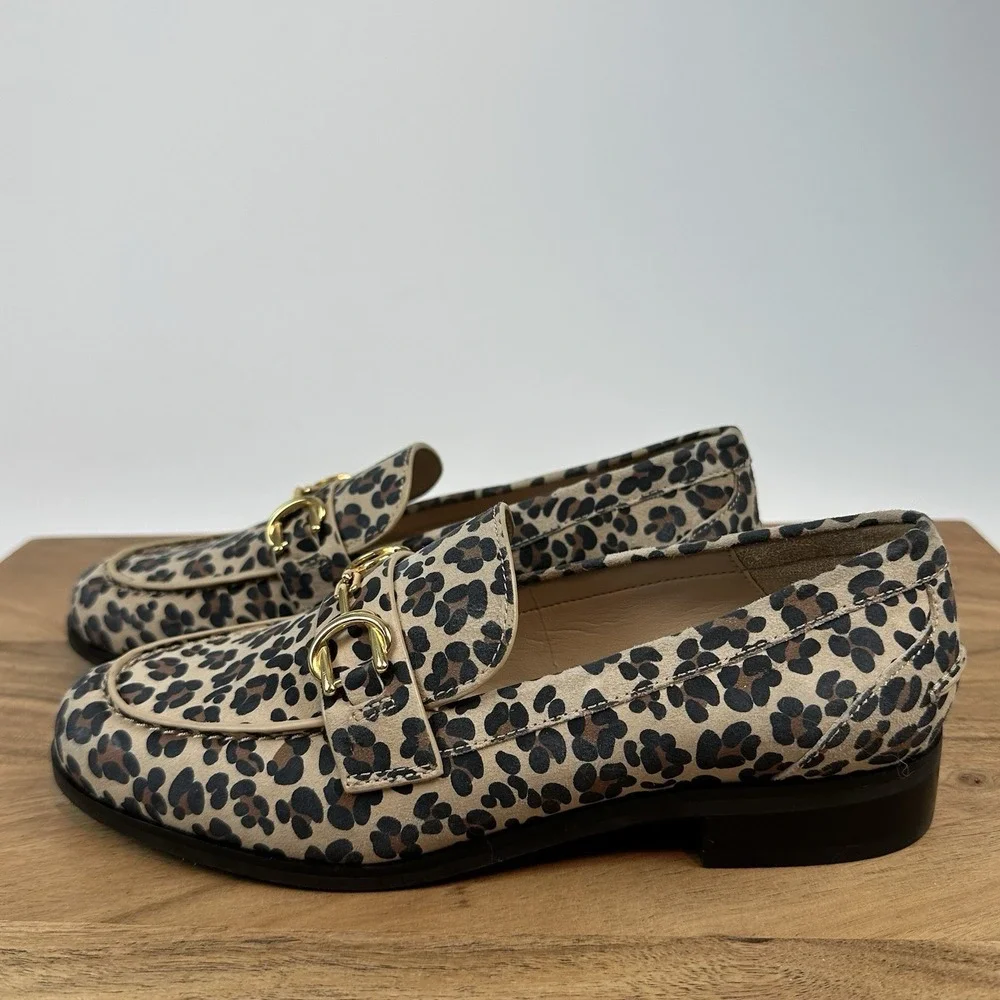 Womens Stuart Weitzman‎ Owen Buckle Tan Leather Cheetah Print Loafers Size 5 B